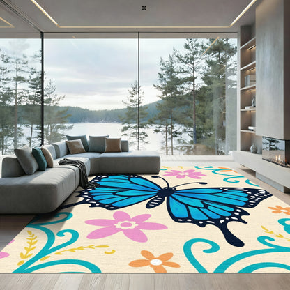 Whimsical Blue Butterfly Floral Swirls Rug
