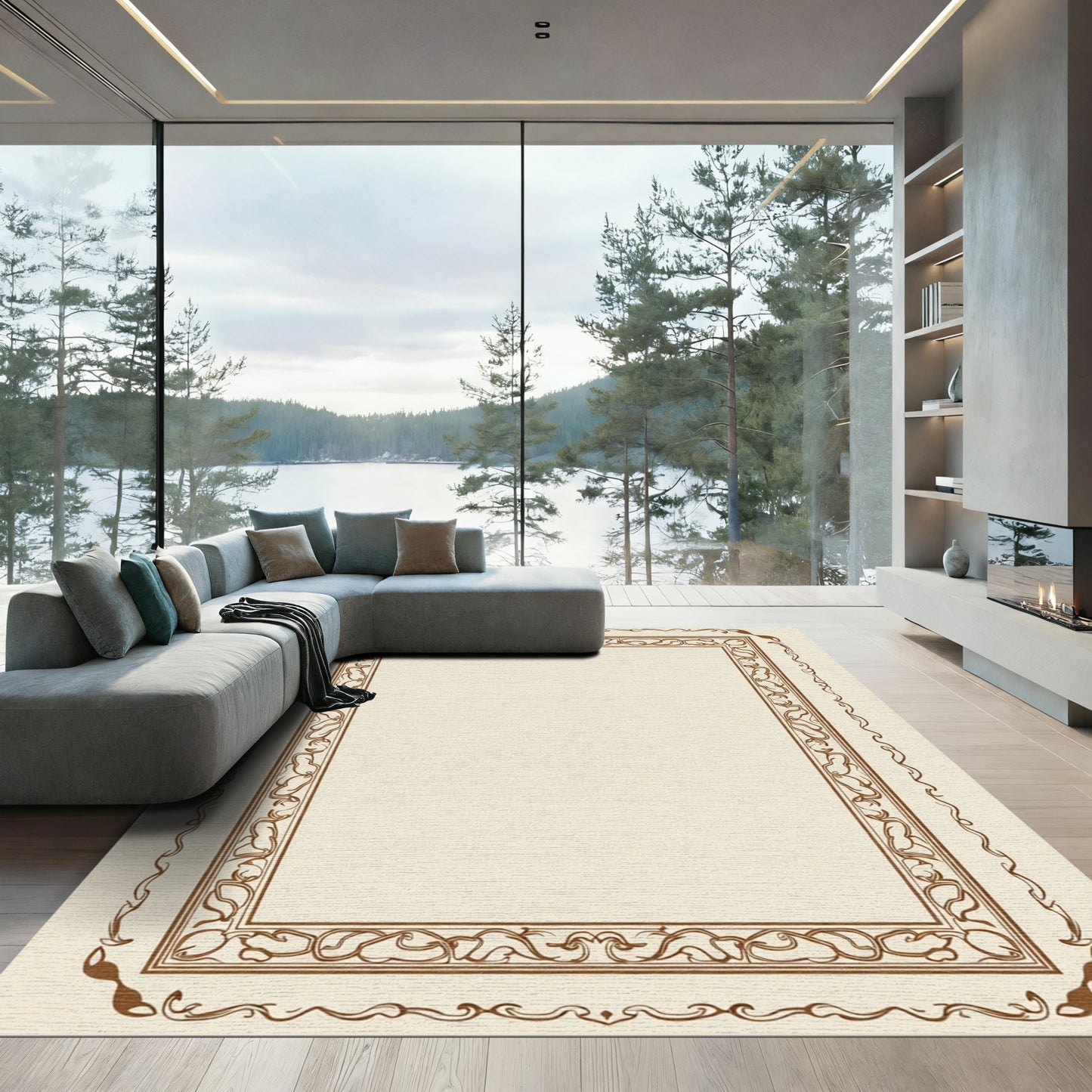 Vintage Brown Scroll Floral Border Rug