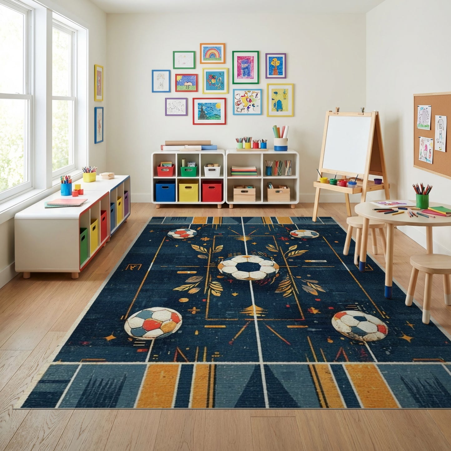 Navy Geometric Soccer Balls Grid Rug