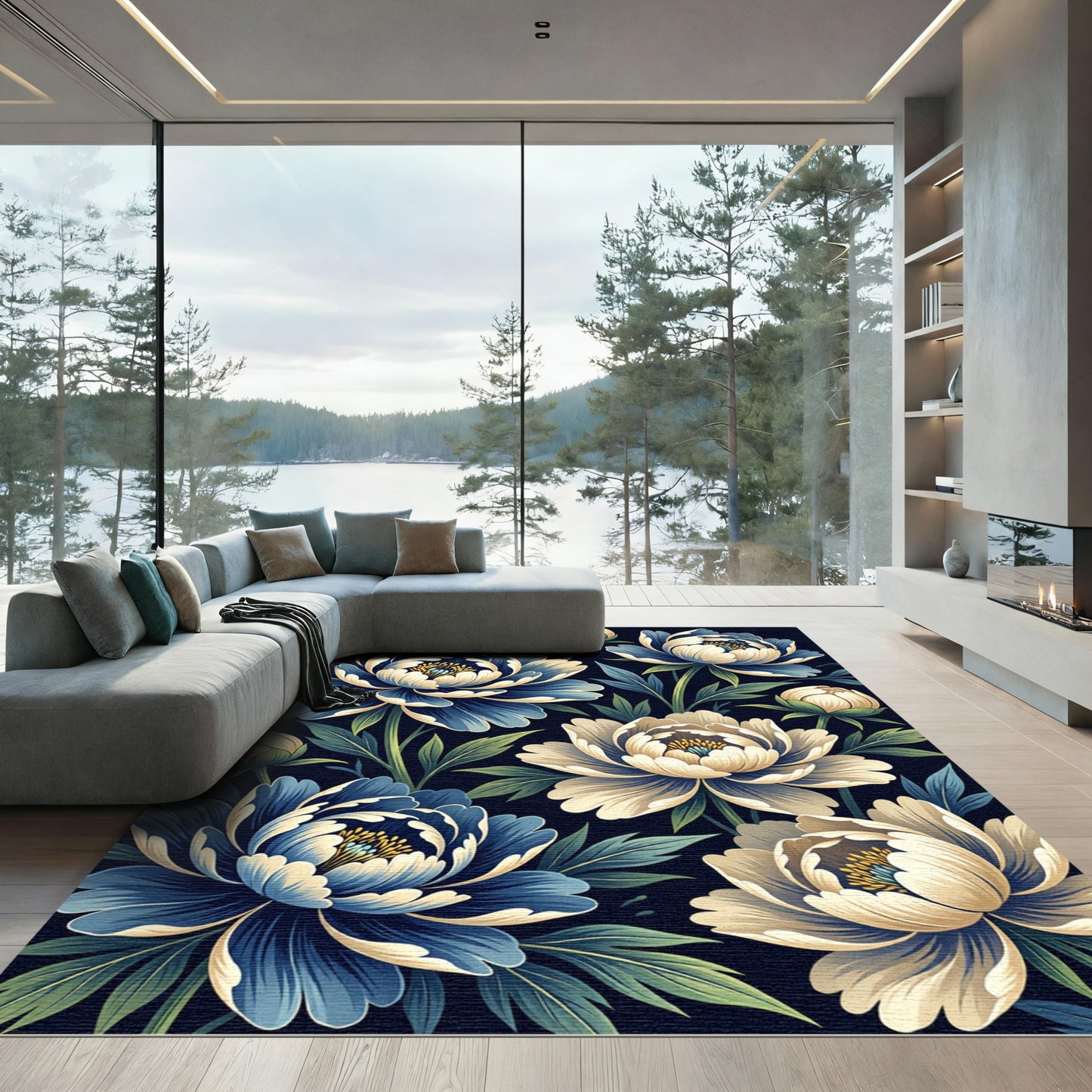Luxurious Navy Blue Peony Floral Tapestry Rug