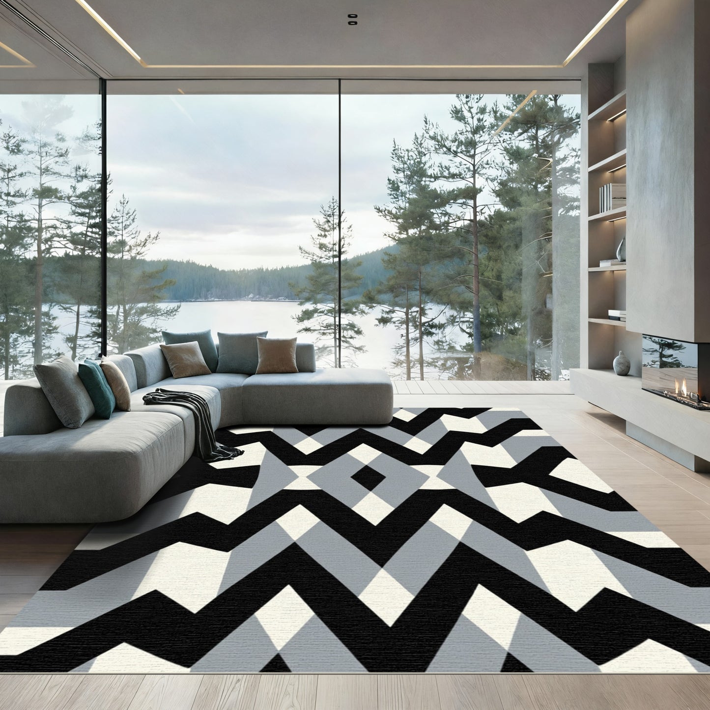 Bold Black Gray Chevron Diamond Rug