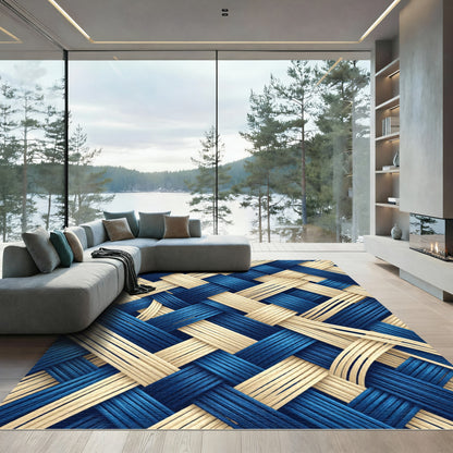 Navy and Cream Woven Geometric Weave Rug