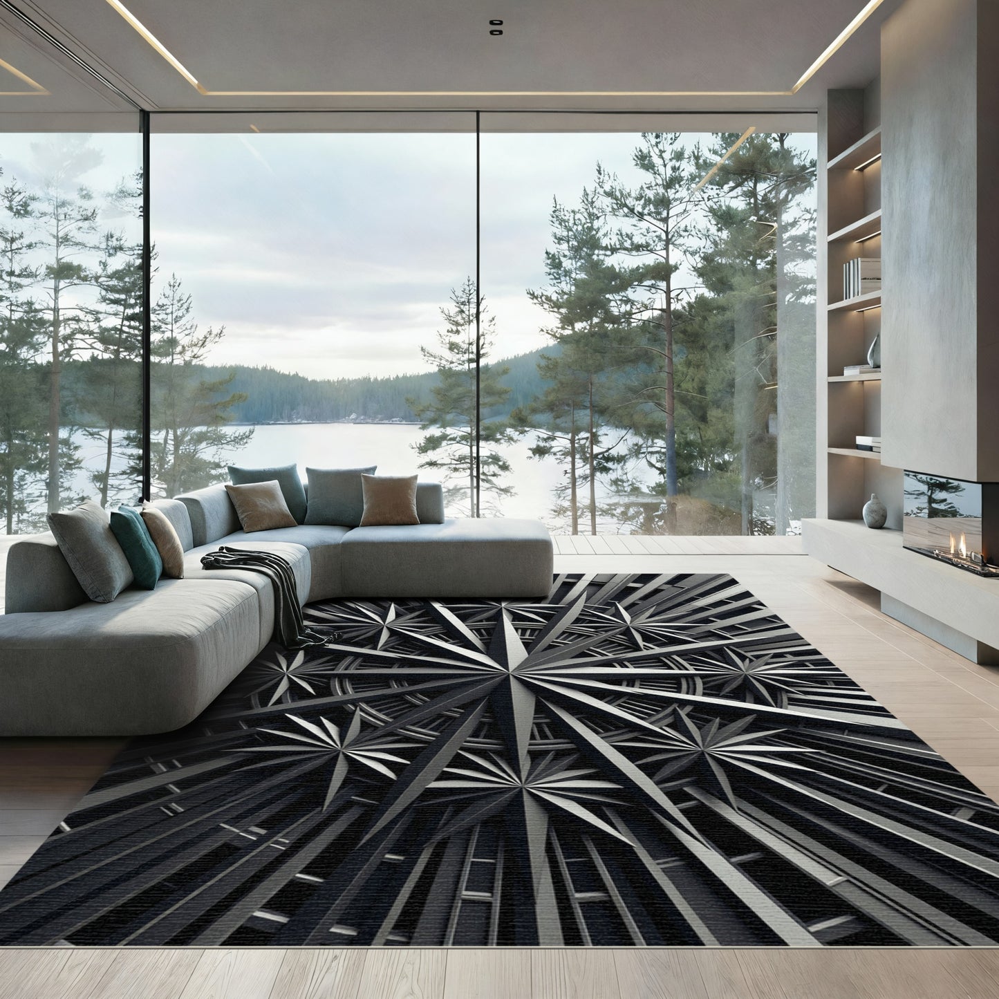 Monochromatic Starburst Geometric Metallic Medallion Rug