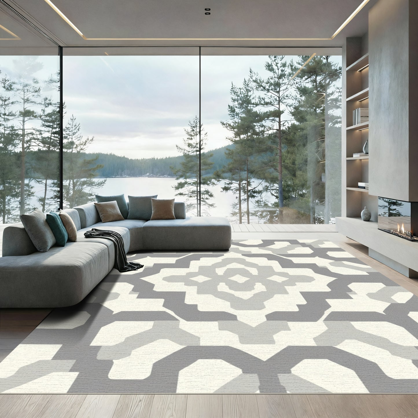 Gray Geometric Diamond Medallion Rug