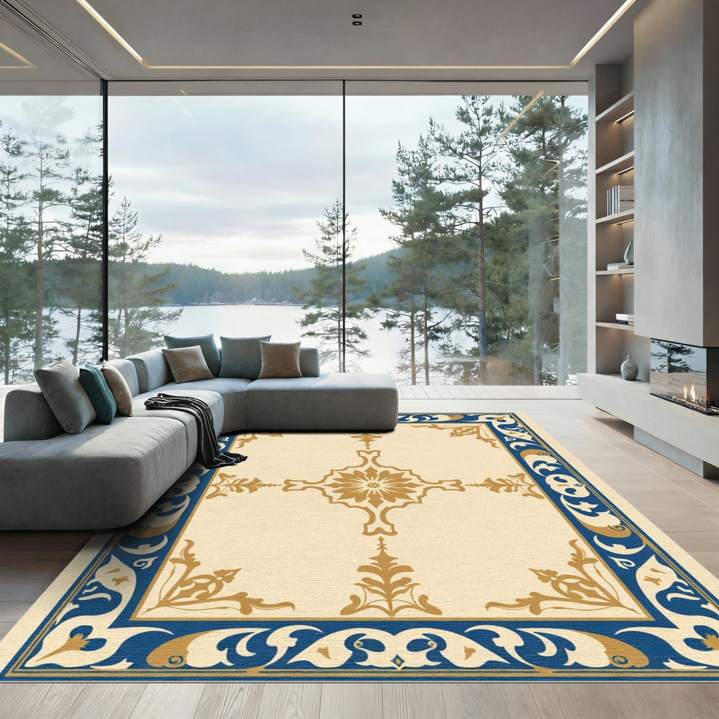 Golden Medallion Blue Bordered Rug