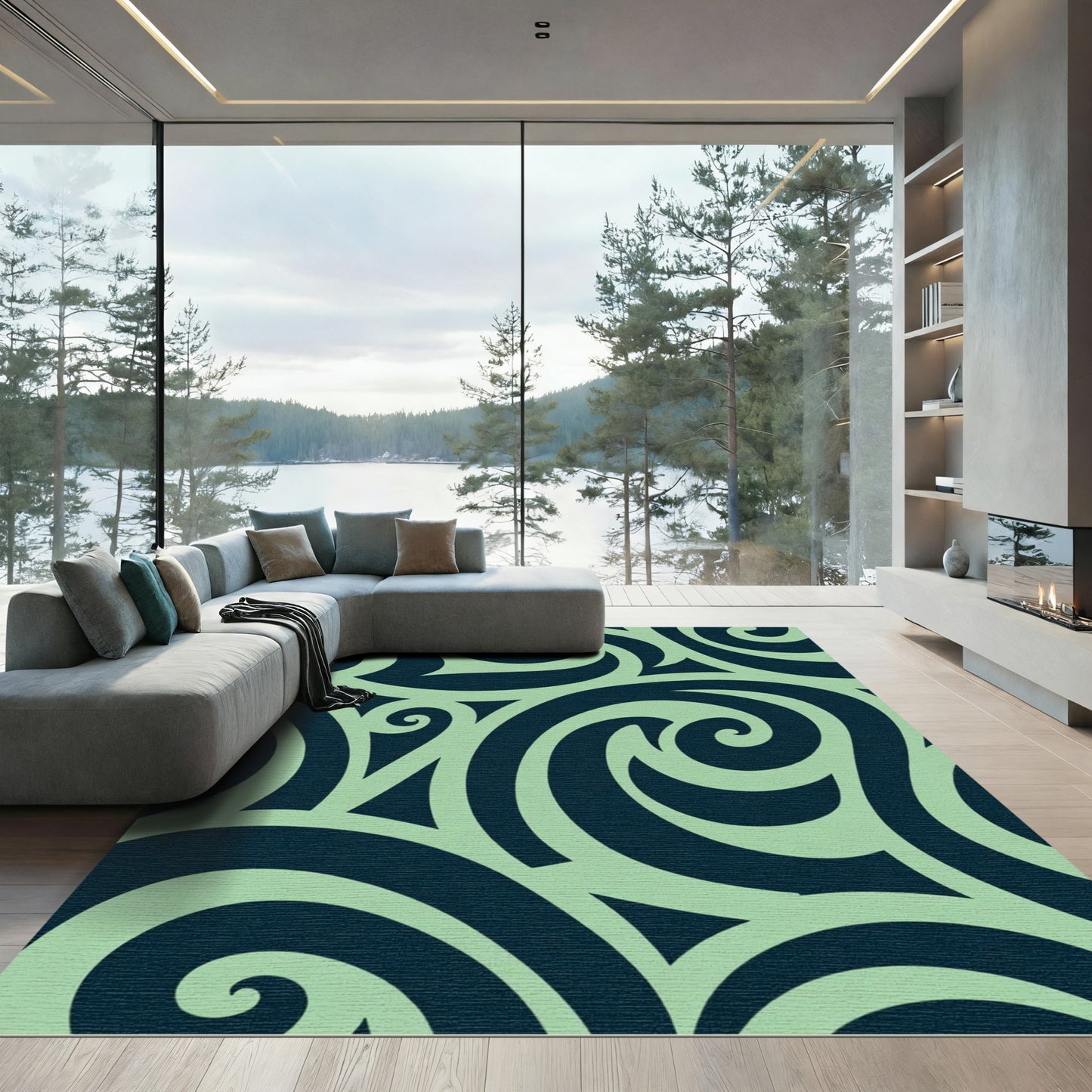 Dark Teal Swirls With Light Green Background Rug