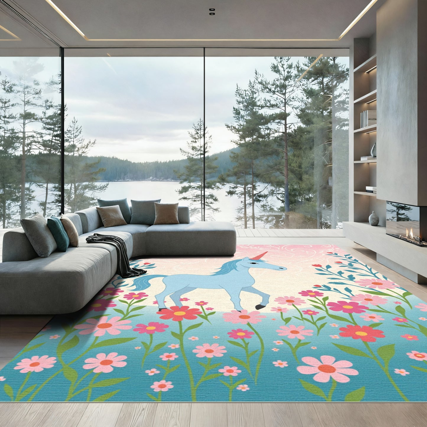 Whimsical Blue Unicorn Floral Meadow Rug