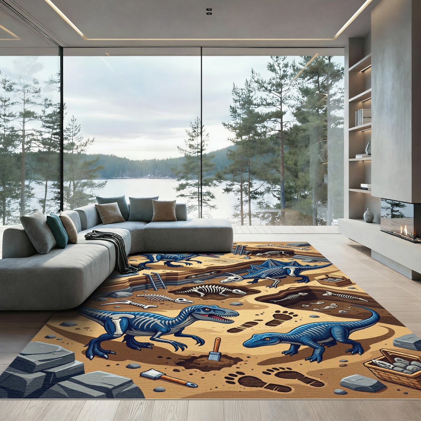 Blue Dinosaur Fossil Paleontology Scene Rug