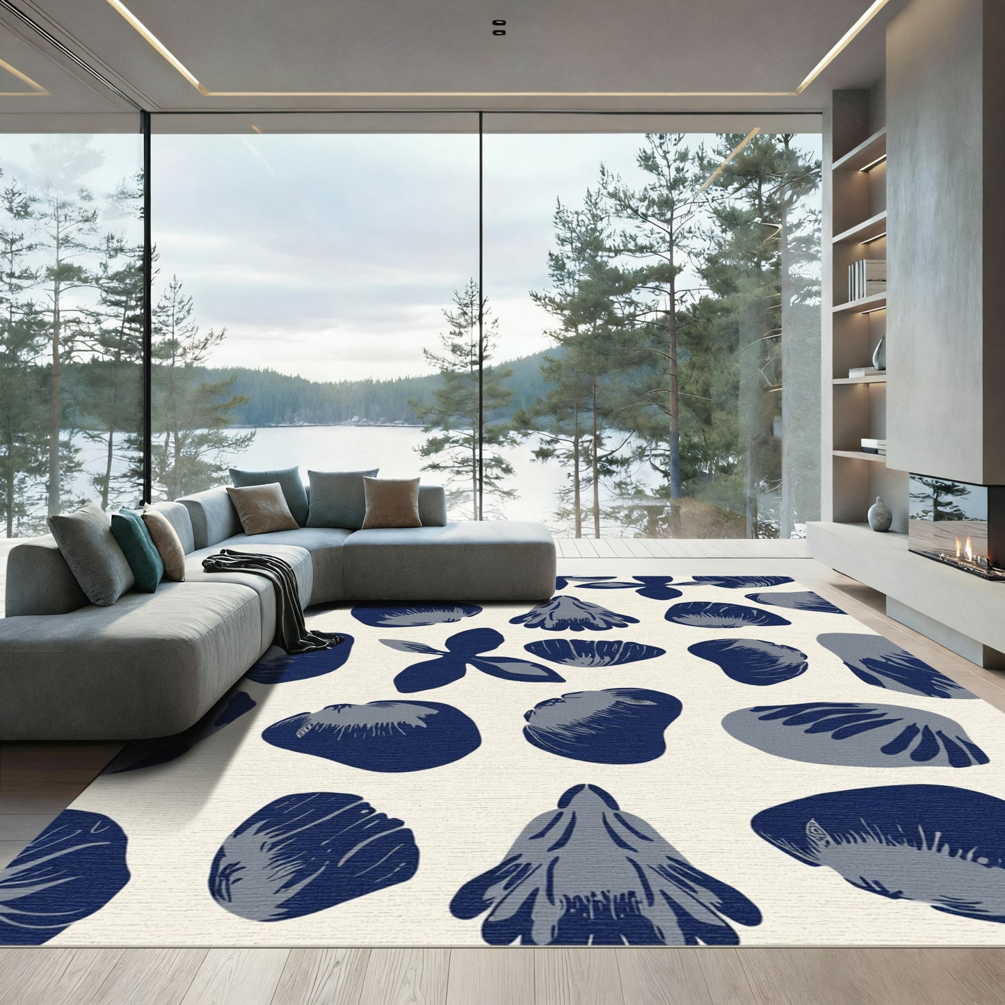 Deep Blue Petal Organic Arrangement Rug