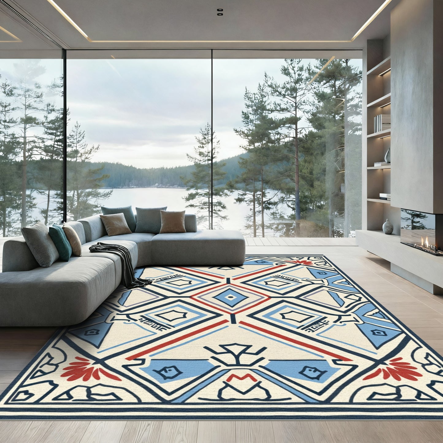Bold Red Blue Geometric Diamond Rug
