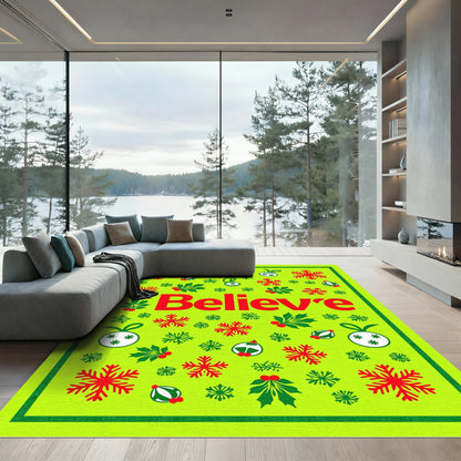 Holiday Believe Red Snowflake Holly Ornaments Rug