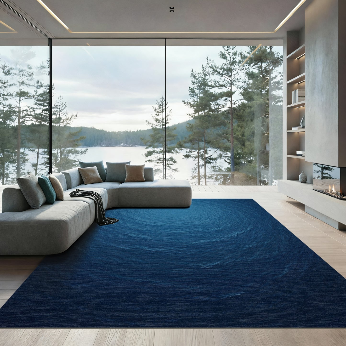 Deep Blue Oceanic Rippled Surface Rug