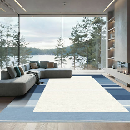 Modern Blue Stripe Border Rectangular Rug