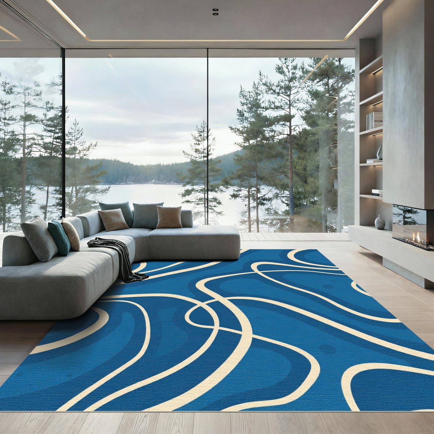 Abstract Fluid Serpentine Blue Cream Rug