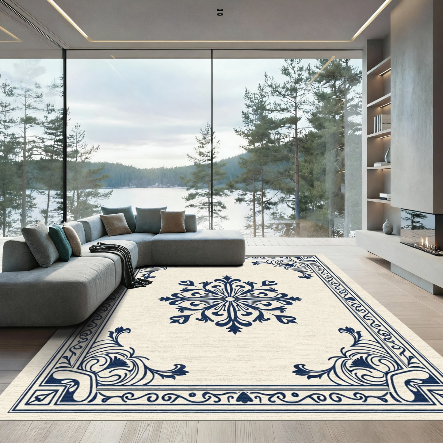 Classic Deep Blue Floral Medallion Accent Rug