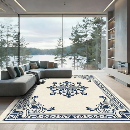 Classic Deep Blue Floral Medallion Accent Rug