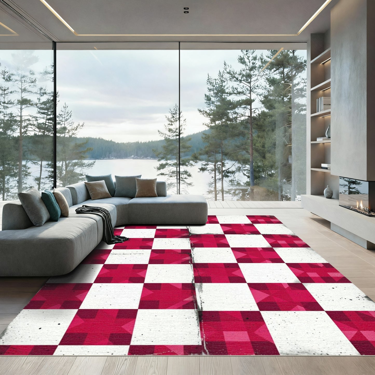 Crimson Geometric Checkered Star Rug