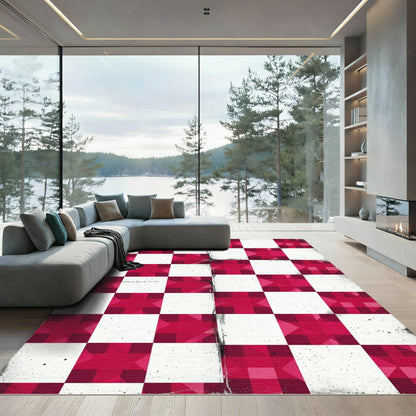 Crimson Geometric Checkered Star Rug
