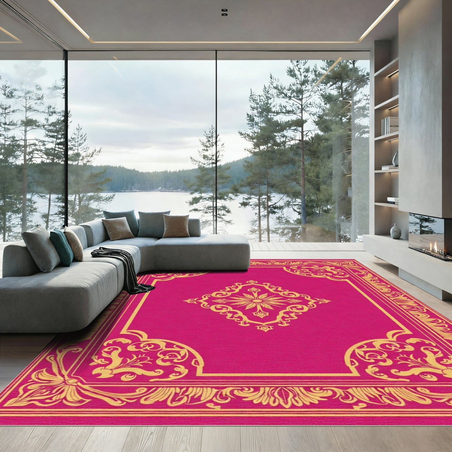 Vibrant Gold Floral Frame Rug