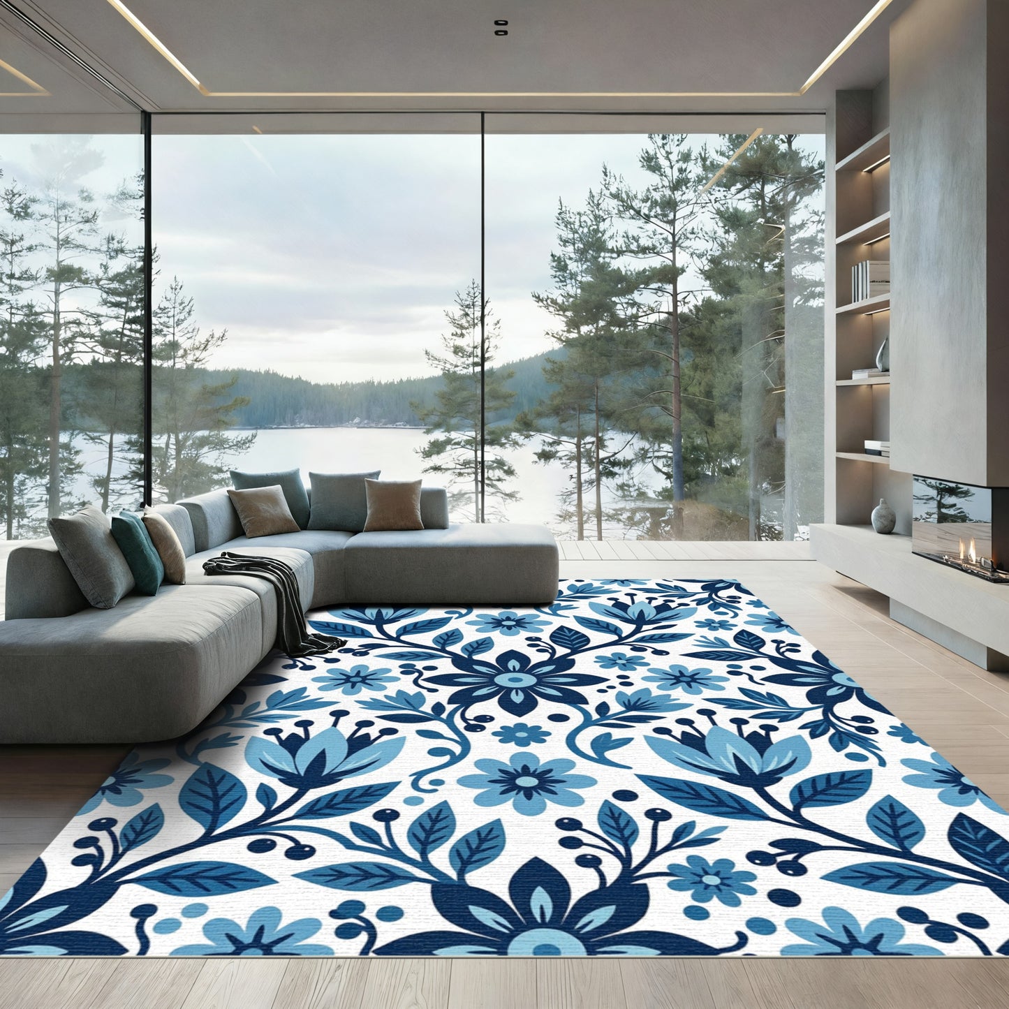 Elegant Navy and Azure Floral Tile Rug