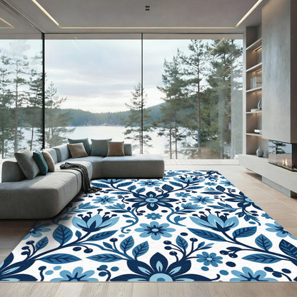 Elegant Navy and Azure Floral Tile Rug