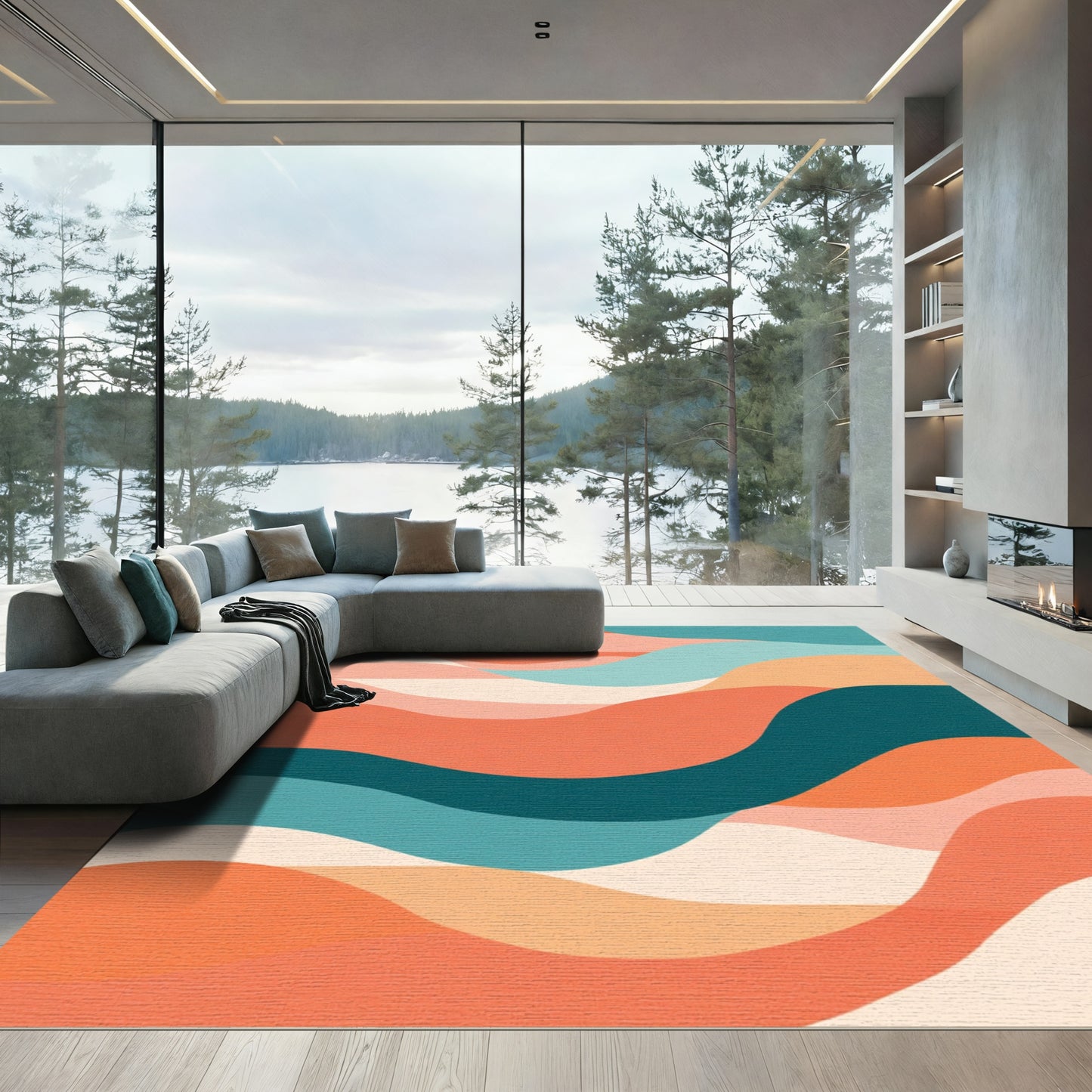 Coral Teal Swirl Curve Landscape Rug