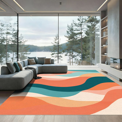 Coral Teal Swirl Curve Landscape Rug