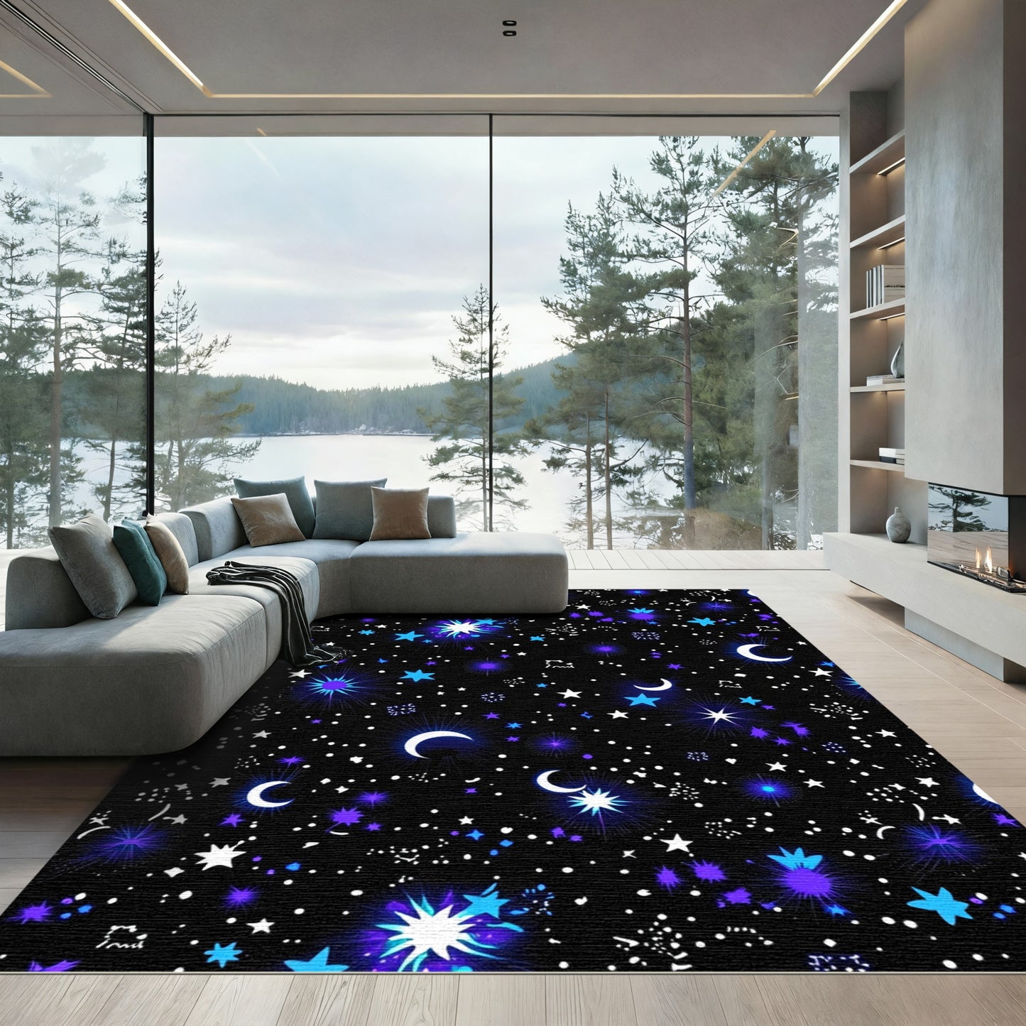 Cosmic Blue Crescent Starry Night Rug