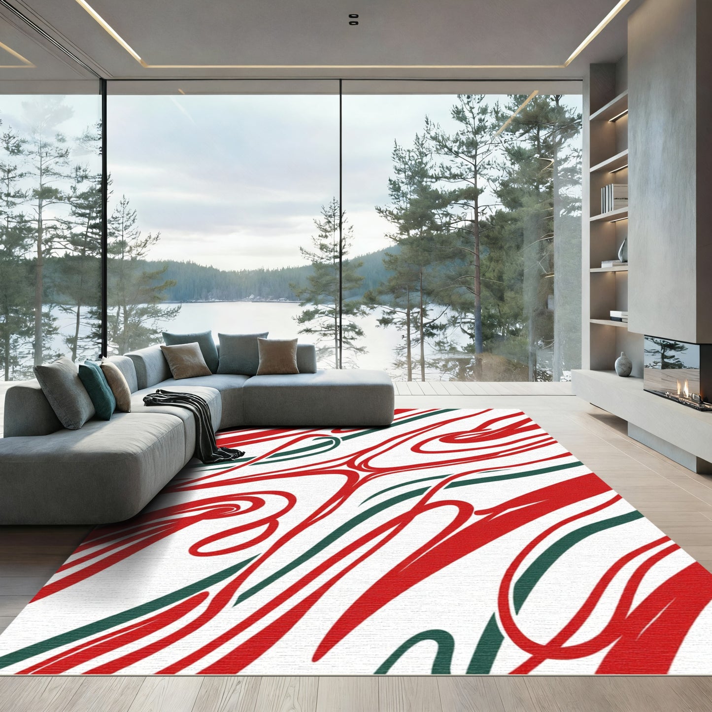 Crimson Green Swirl Abstract Rug
