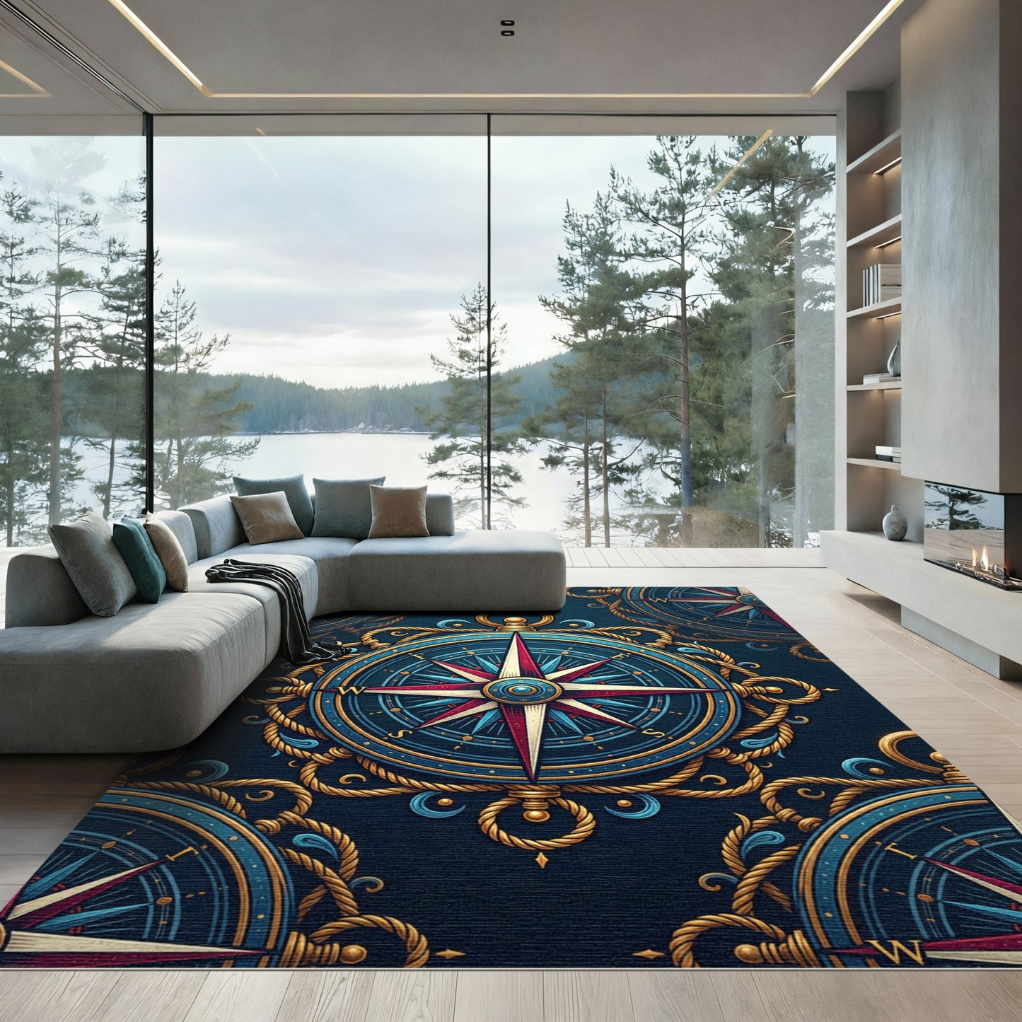 Nautical Navy Golden Compass Medallion Rug