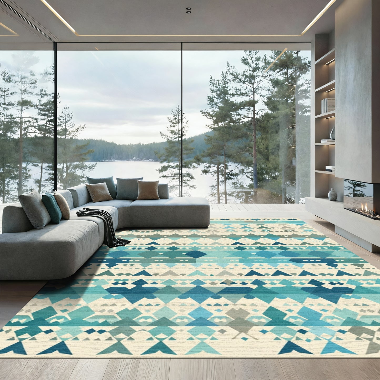 Coastal Blue Tribal Diamond Stripes Rug
