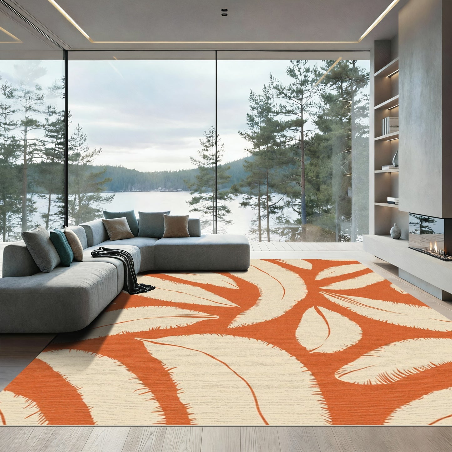 Burnt Orange Cream Feathered Leaf Rug