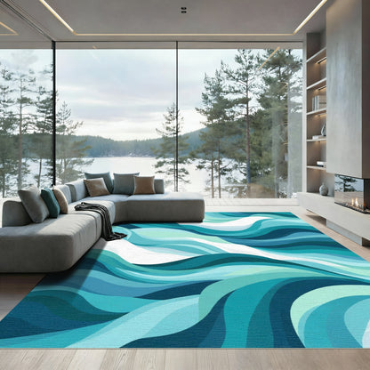 Aqua Blue Ocean Wave Abstract Rug