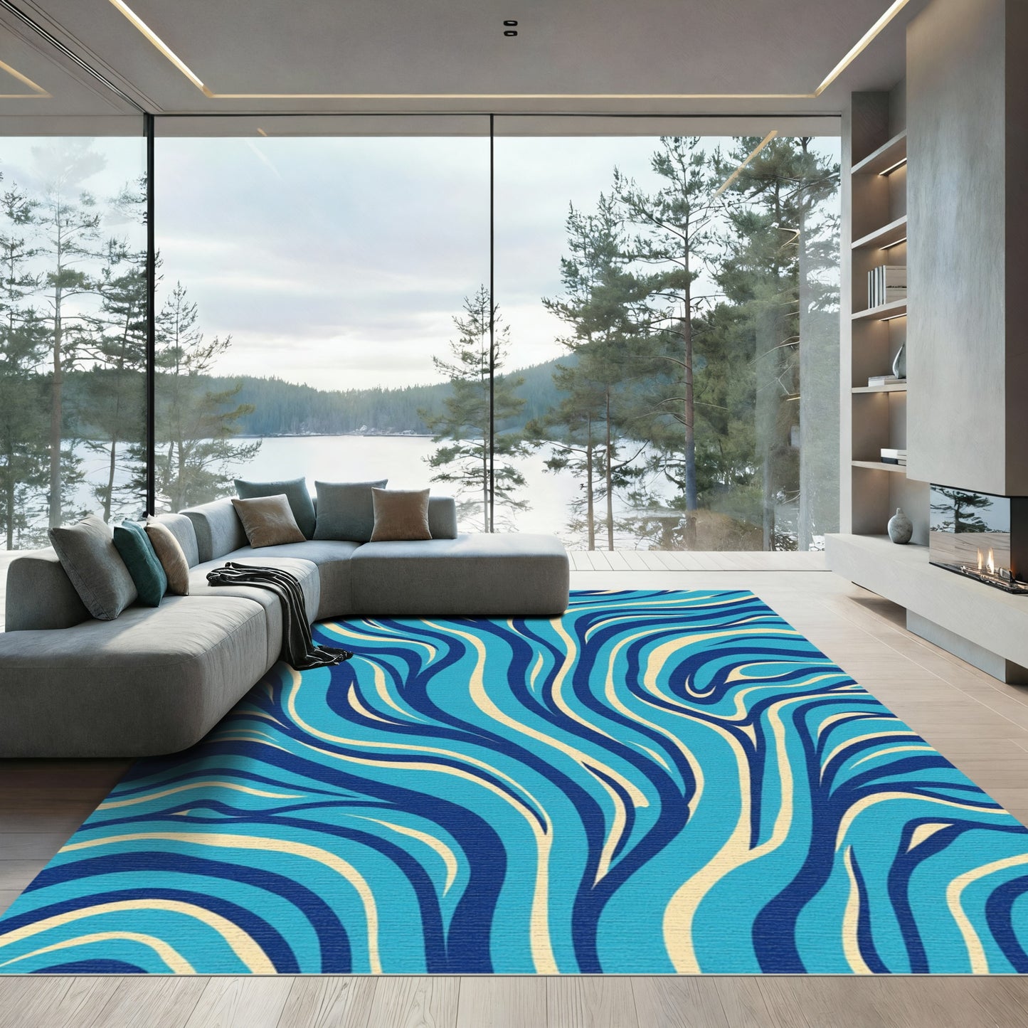 Abstract Blue Cream Swirl Rug