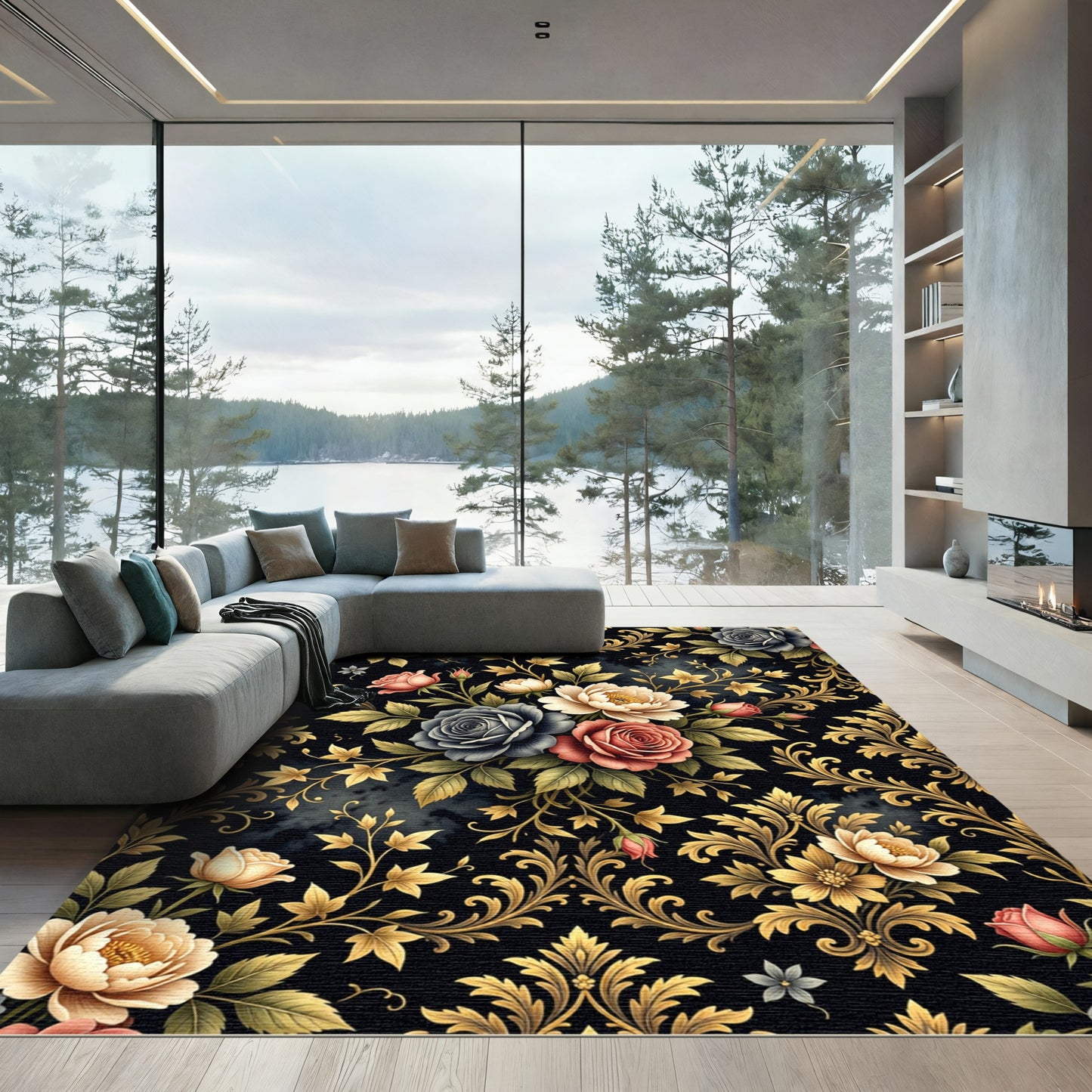 Ornate Black Floral Gold Leaf Rug