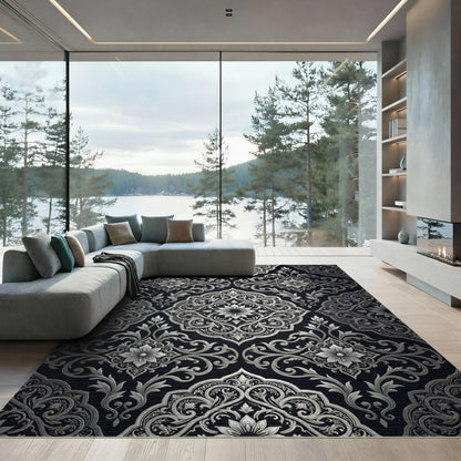 Silver Black Damask Floral Medallion Rug