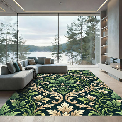 Dark Green and Gold Floral Scroll Rug