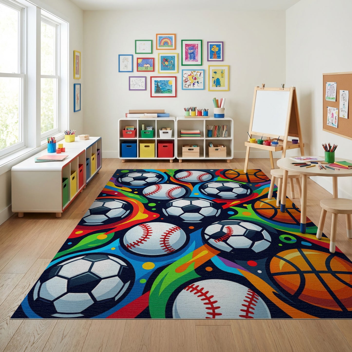 Vibrant Soccer Baseball Basketball Rainbow Rug