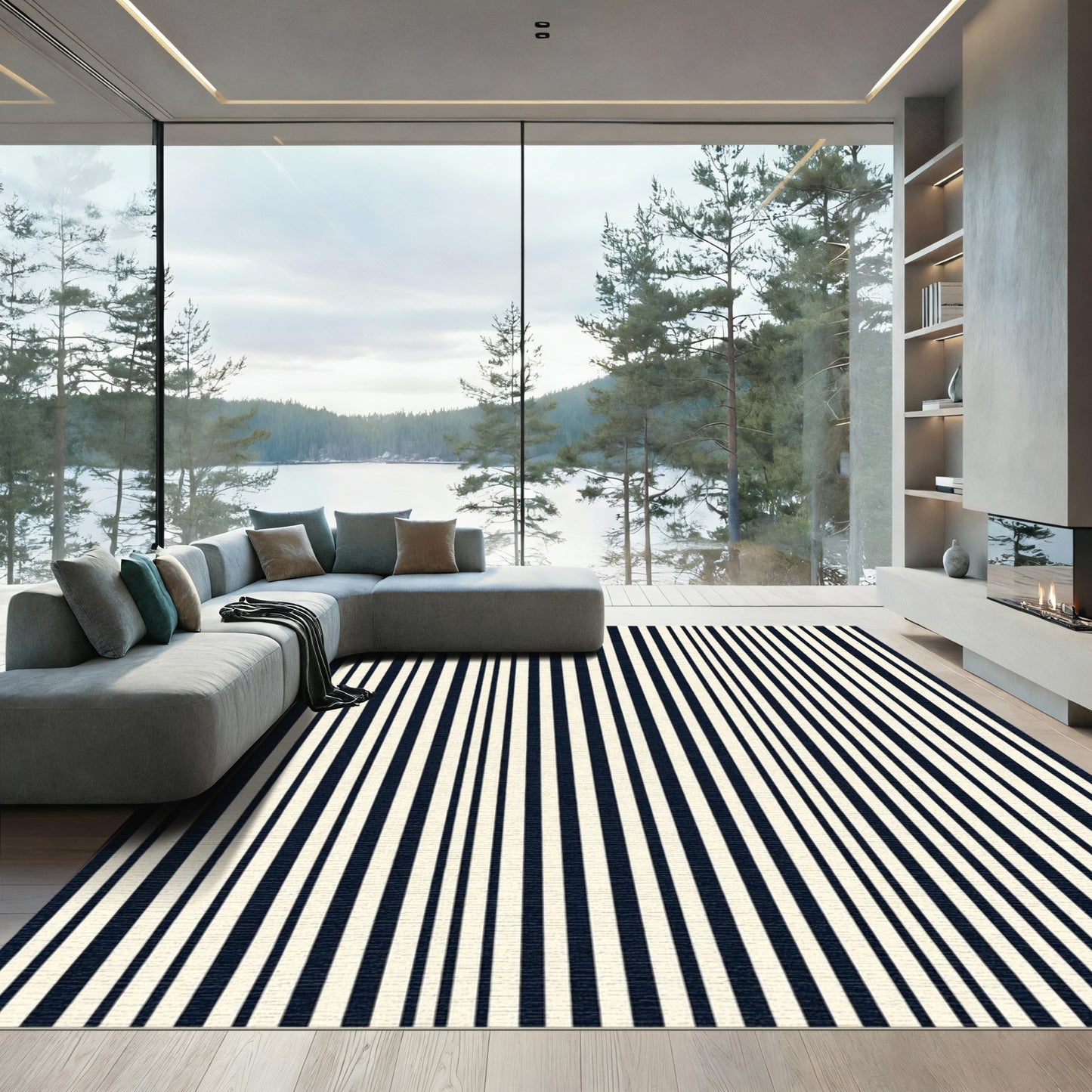 Navy Cream Uneven Stripe Rug