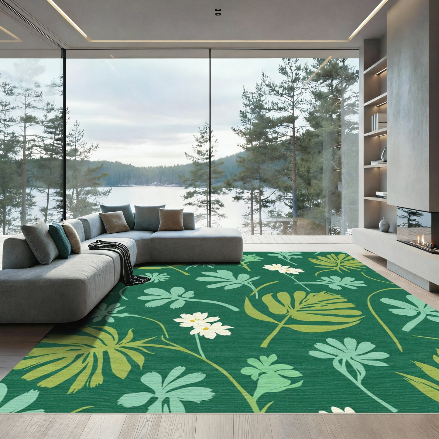 Emerald Green Floral Silhouette Garden Rug