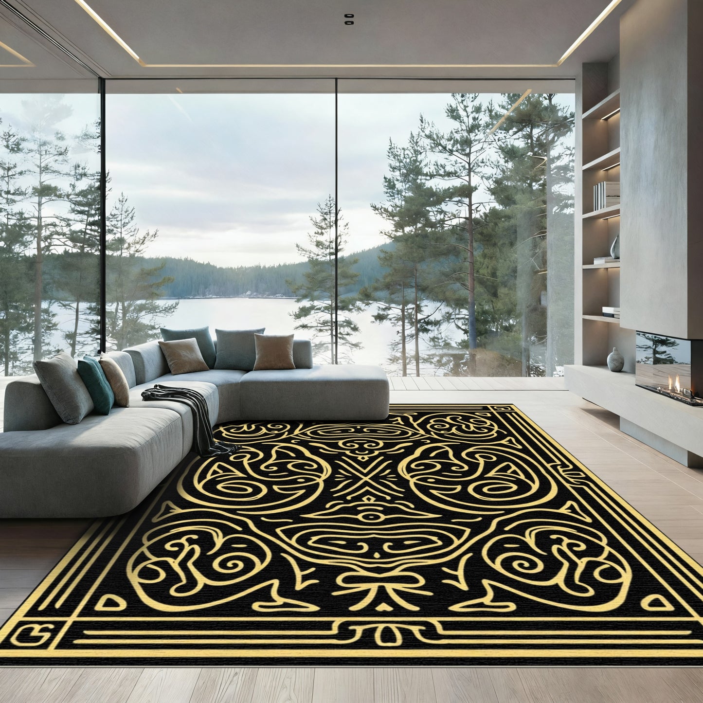Bold Yellow Contoured Tribal Outline Rug