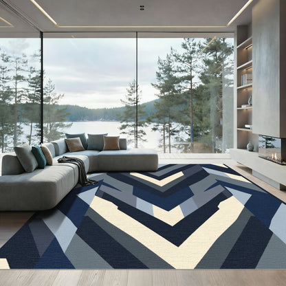Modern Navy Geometric Chevron Rug