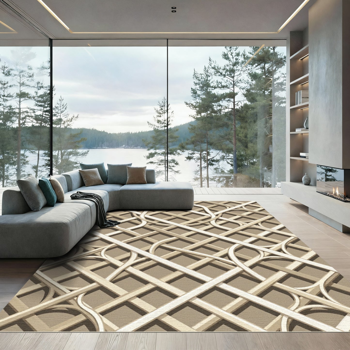 Geometric Beige Interlocking Lattice Grid Rug