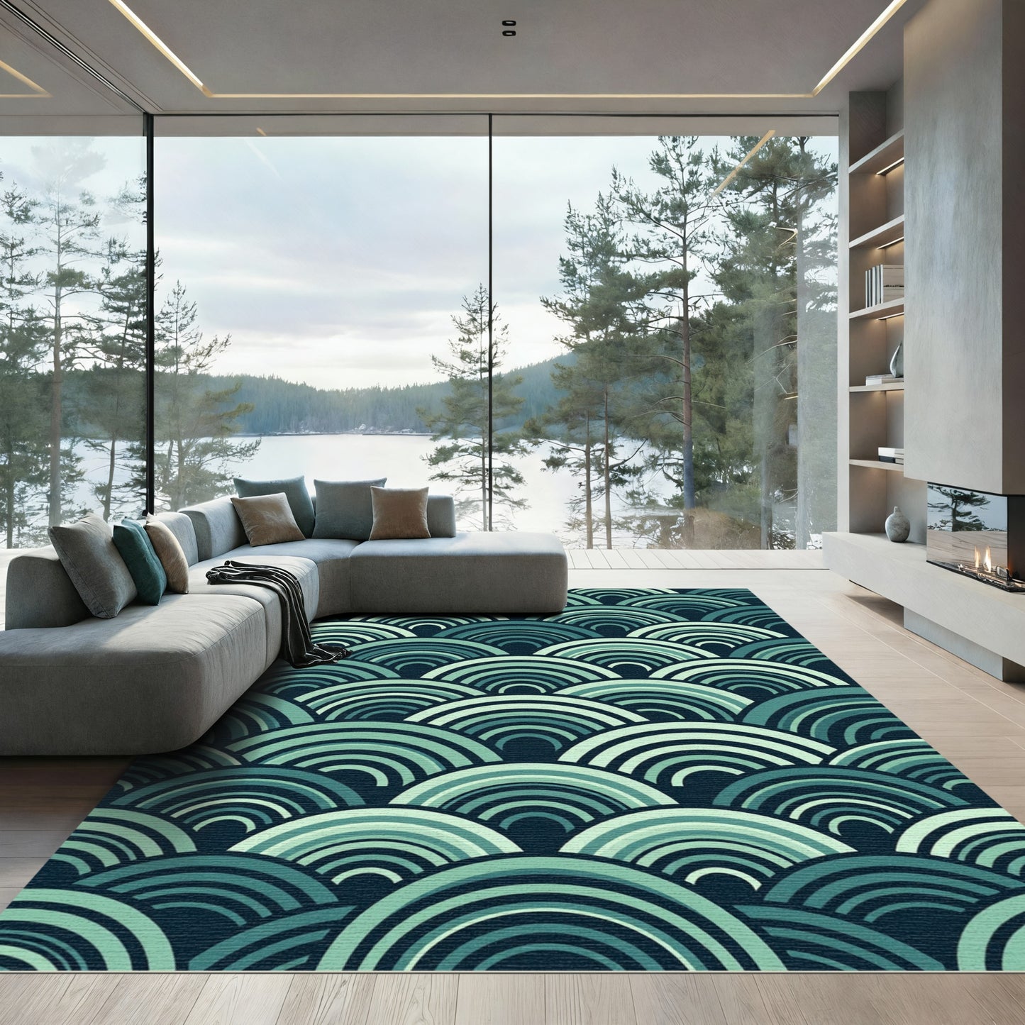 Teal Rainbow Scale Waves Rug