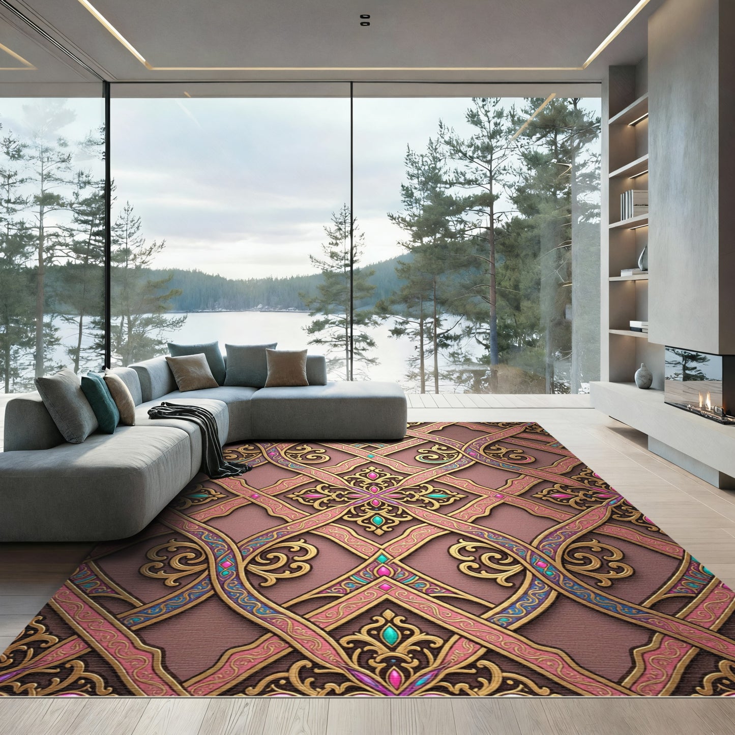 Gilded Pink Ornate Damask Lattice Ribbon Rug