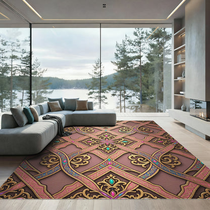 Gilded Pink Ornate Damask Lattice Ribbon Rug