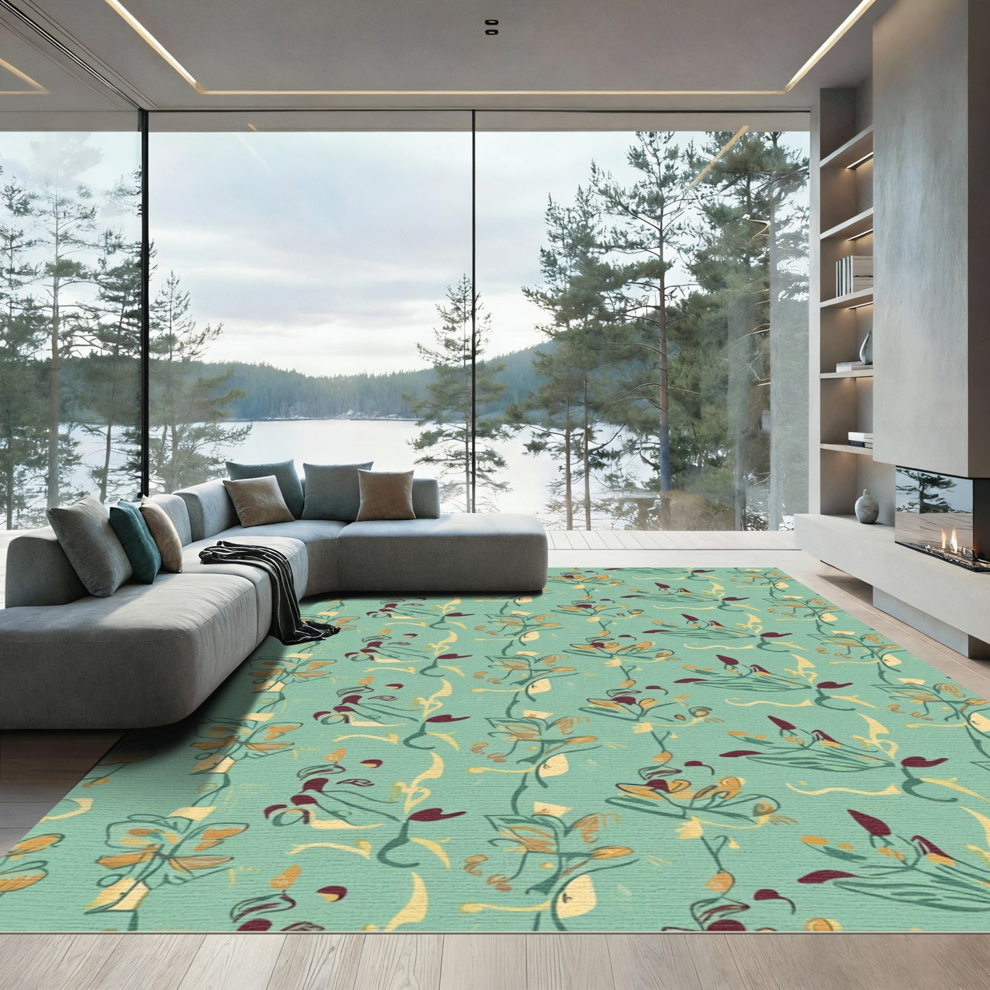 Teal Botanical Sketch Flower Arrangement Rug