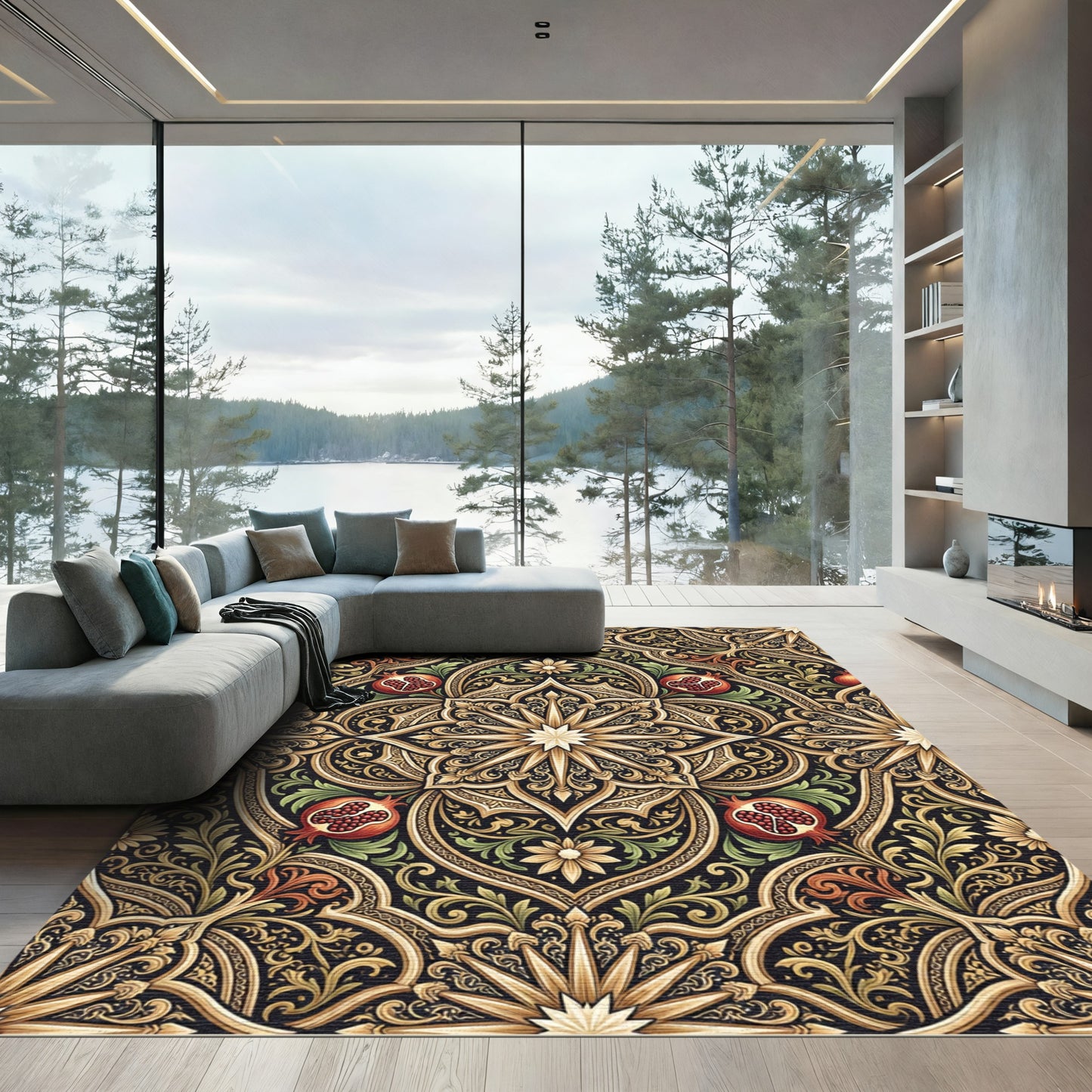 Ornate Black Gold Pomegranate Floral Rug