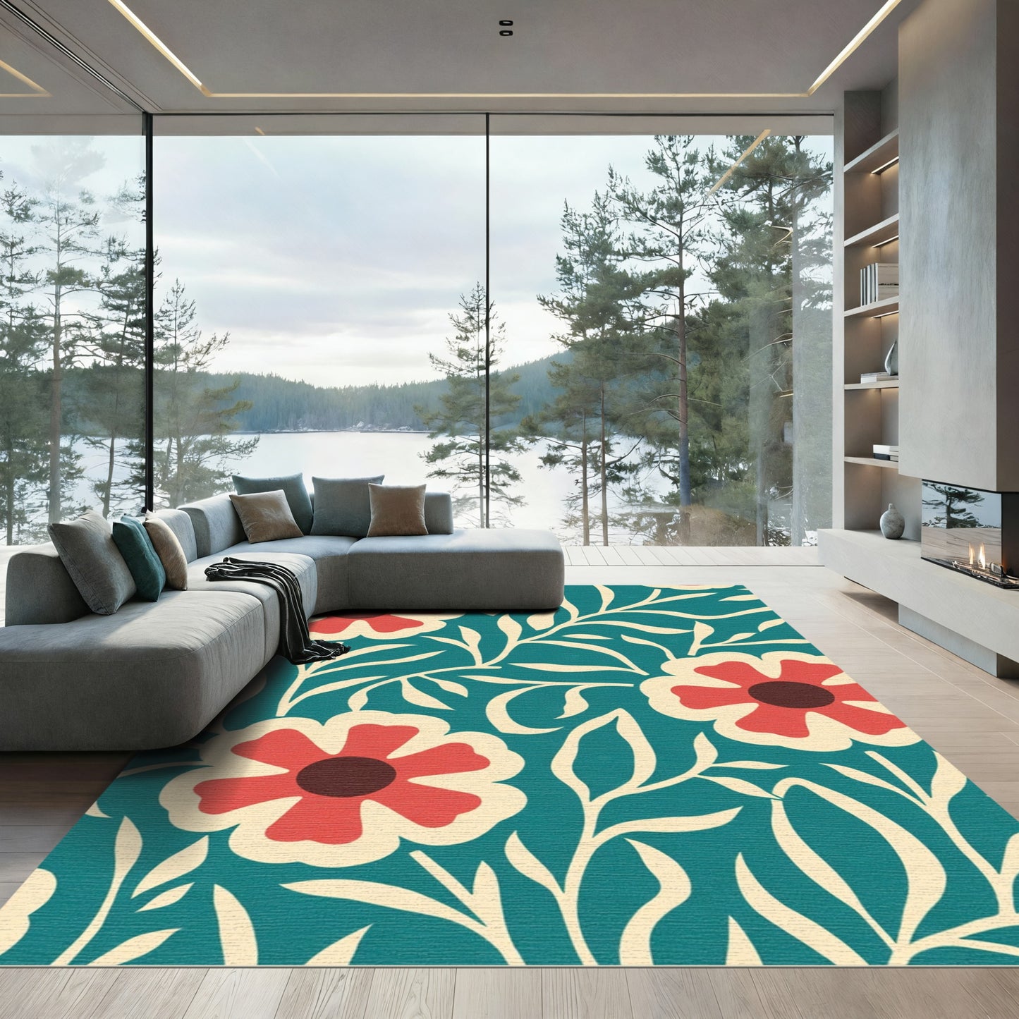 Coral and Cream Floral Vine Rug