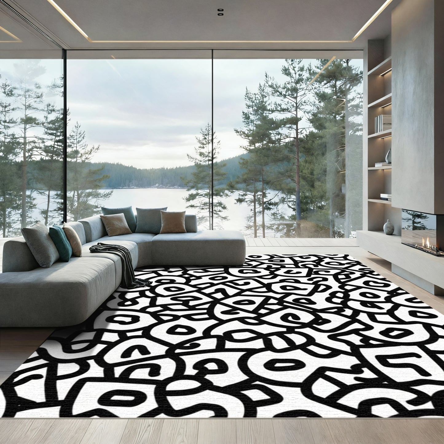 Abstract Black White Organic Shapes Rug